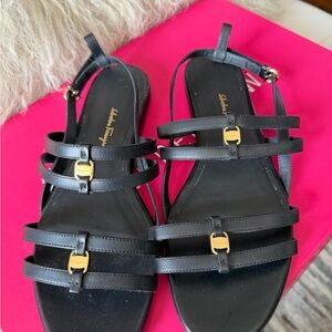 Salvatore Ferragamo Black Leather Triple-Strap Sandals with Gold Gancini Accents